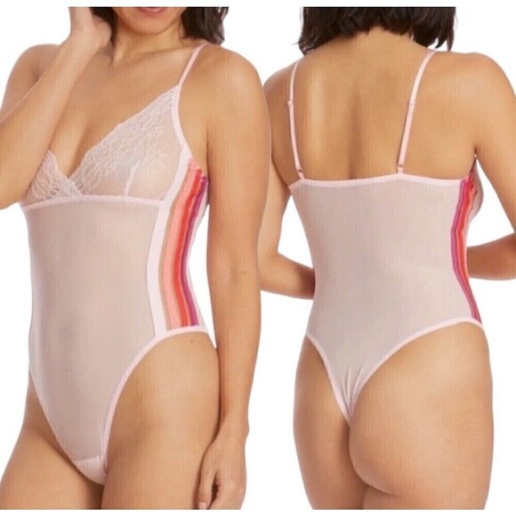 Hanky Panky Teddy Lingerie Sunset Stripe Pink Mesh Size Small - Picture 1 of 11